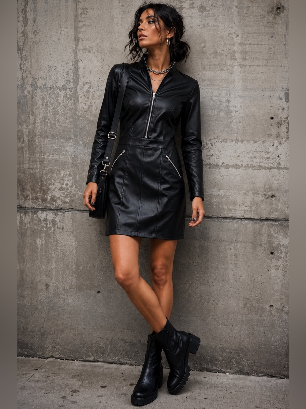 Boutique Faux Leather Black Mini Dress Long Sleeve with Zipper Detail Sz Medium